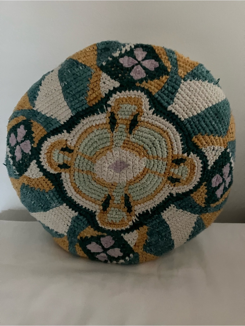 Anthropologie Jamea Round Tufted Pillow in Teal, Mustard, Cream & Pink - Picture 2 of 7